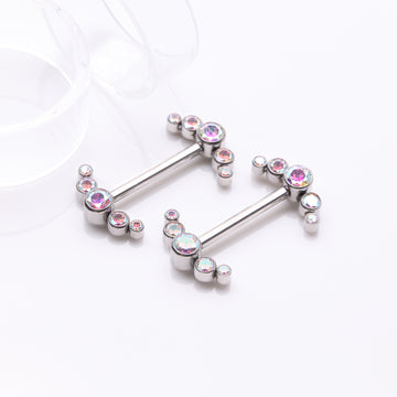 Detail View 1 of A Pair of Implant Grade Titanium Sparkle Ray Internally Threaded Nipple Barbell-Aurora Borealis